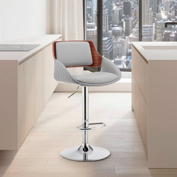HomeRoots - Wholesale Stool - Grey Faux Leather Adjustable Chrome Swivel Bar Stool2