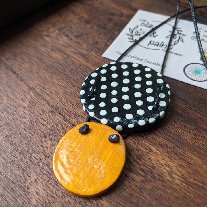 Polka dot necklace black, white & yellow, spotty necklace for wholesale by With Clay & Paint