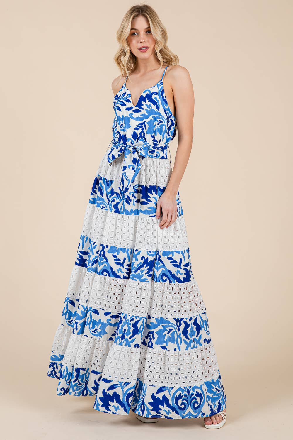 Blue Multi Floral Eyelet Lace Tiered Maxi Sundress, MD51624 for wholesale on Faire7
