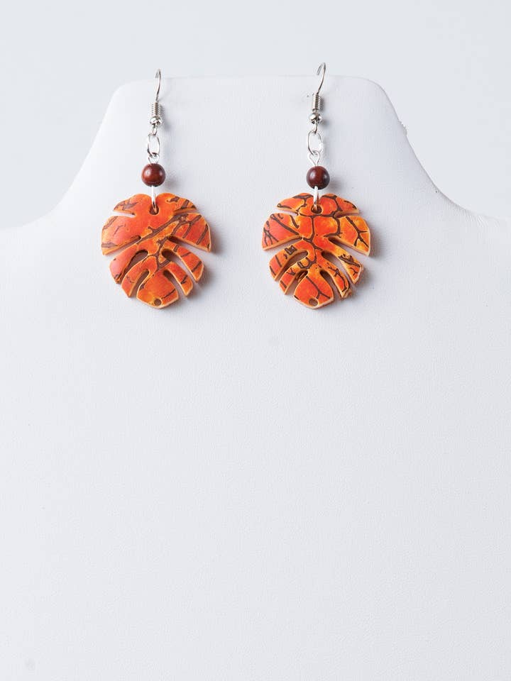 Monstera leaf tagua earrings - organic, fair trade for wholesale by TaguArtsy