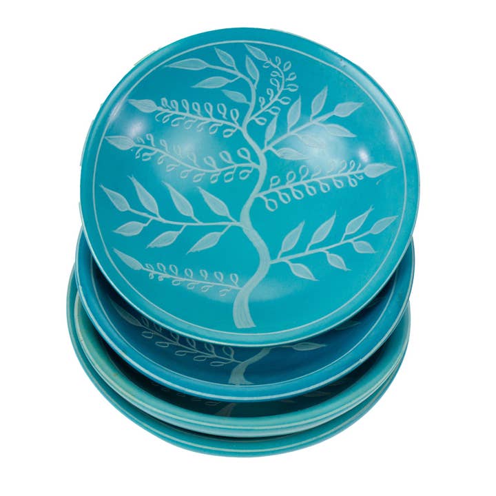 Global Crafts - Wholesale Jewelry Dish - 4-Pack - Painted Soapstone Carved Dish, Turquoise Etching
