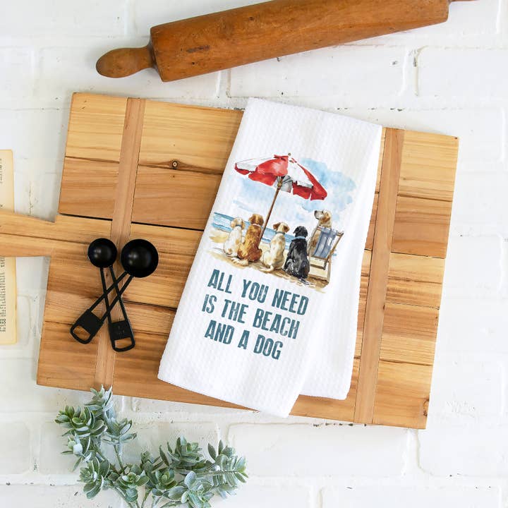 Beach and a Dog Kitchen Towel, Dog Dish Towel, Tea Towel for wholesale by Canary Road