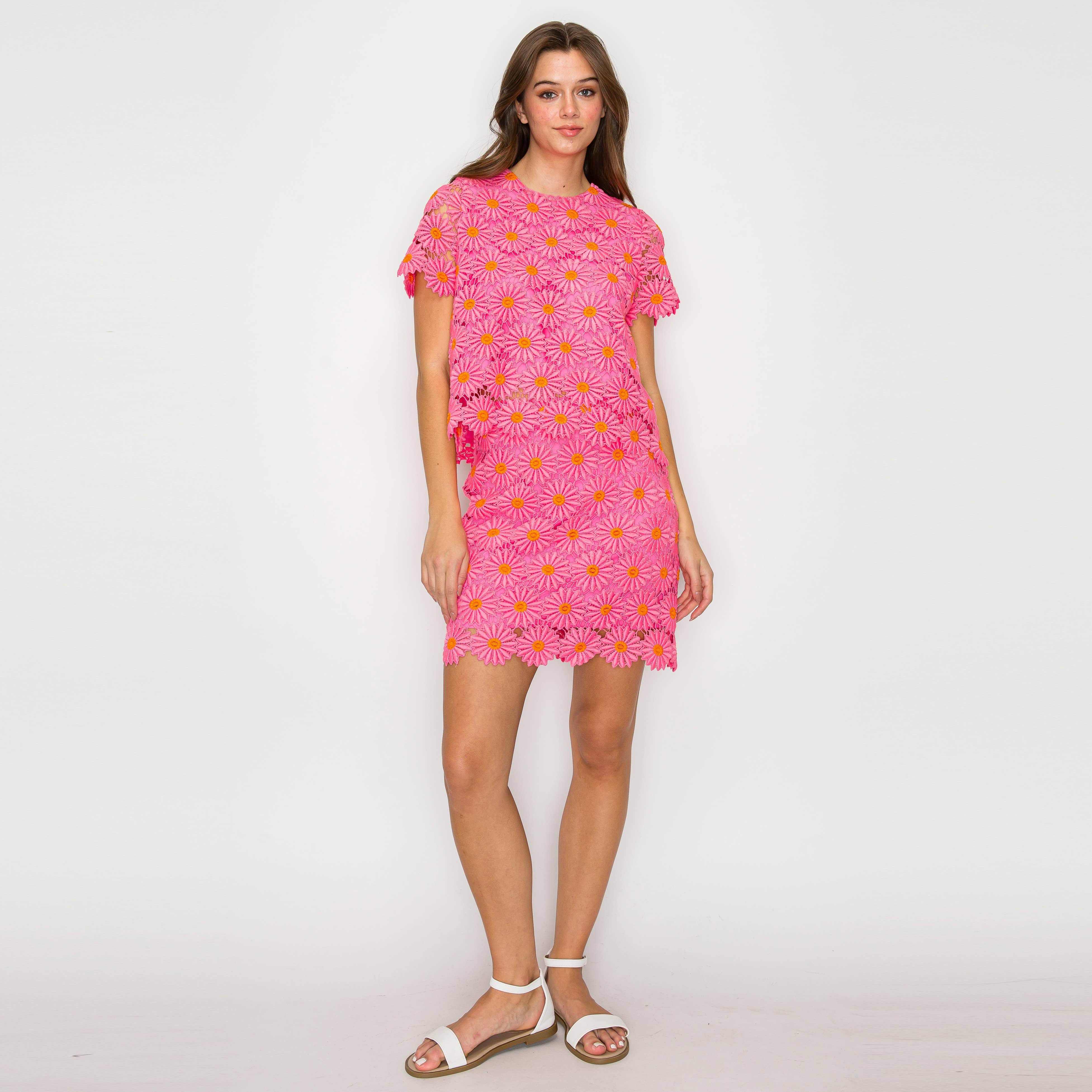 LoveWednesday - Wholesale Blouse - Women's - Pink Daisy Lace Top with Bow - LWT1978