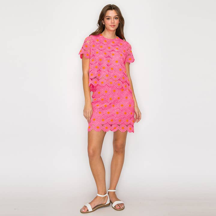 LoveWednesday - Wholesale Blouse - Women's - Pink Daisy Lace Top with Bow - LWT19780