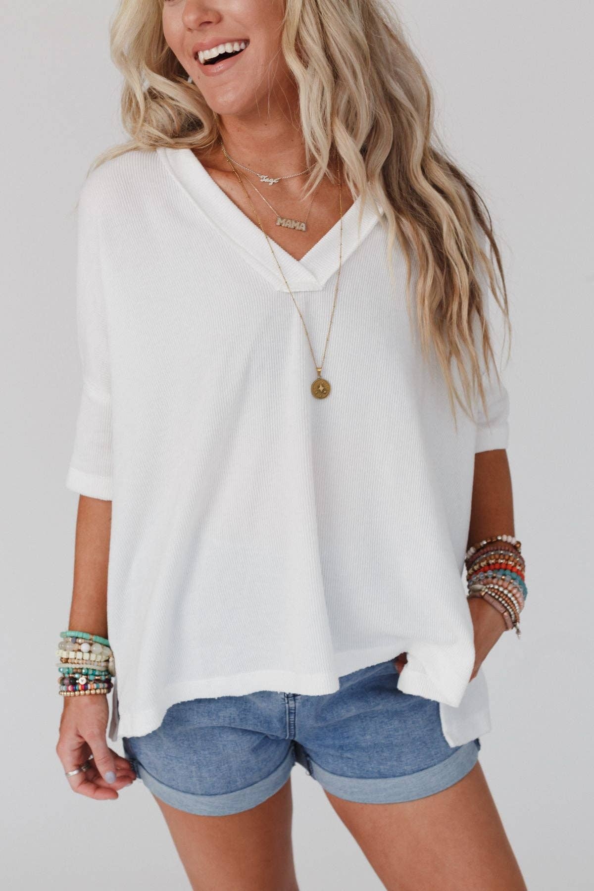 Three Bird Nest - Wholesale Knit Top - Women's - On The Go V Neck Ribbed Essential Tee - Off White0