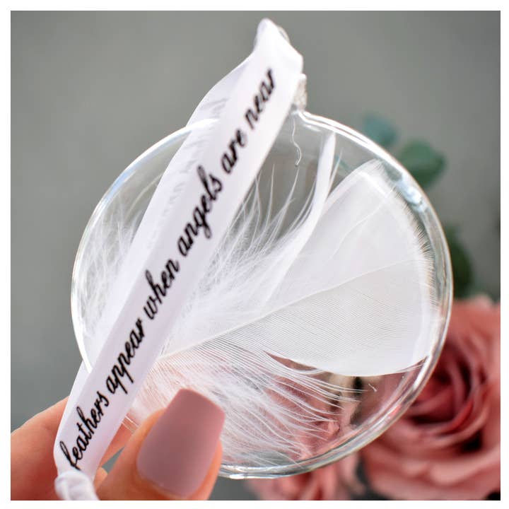 WHITE FEATHER Memory Bauble Glass Round. Real White Feather for wholesale by Amaya Rose Ltd.