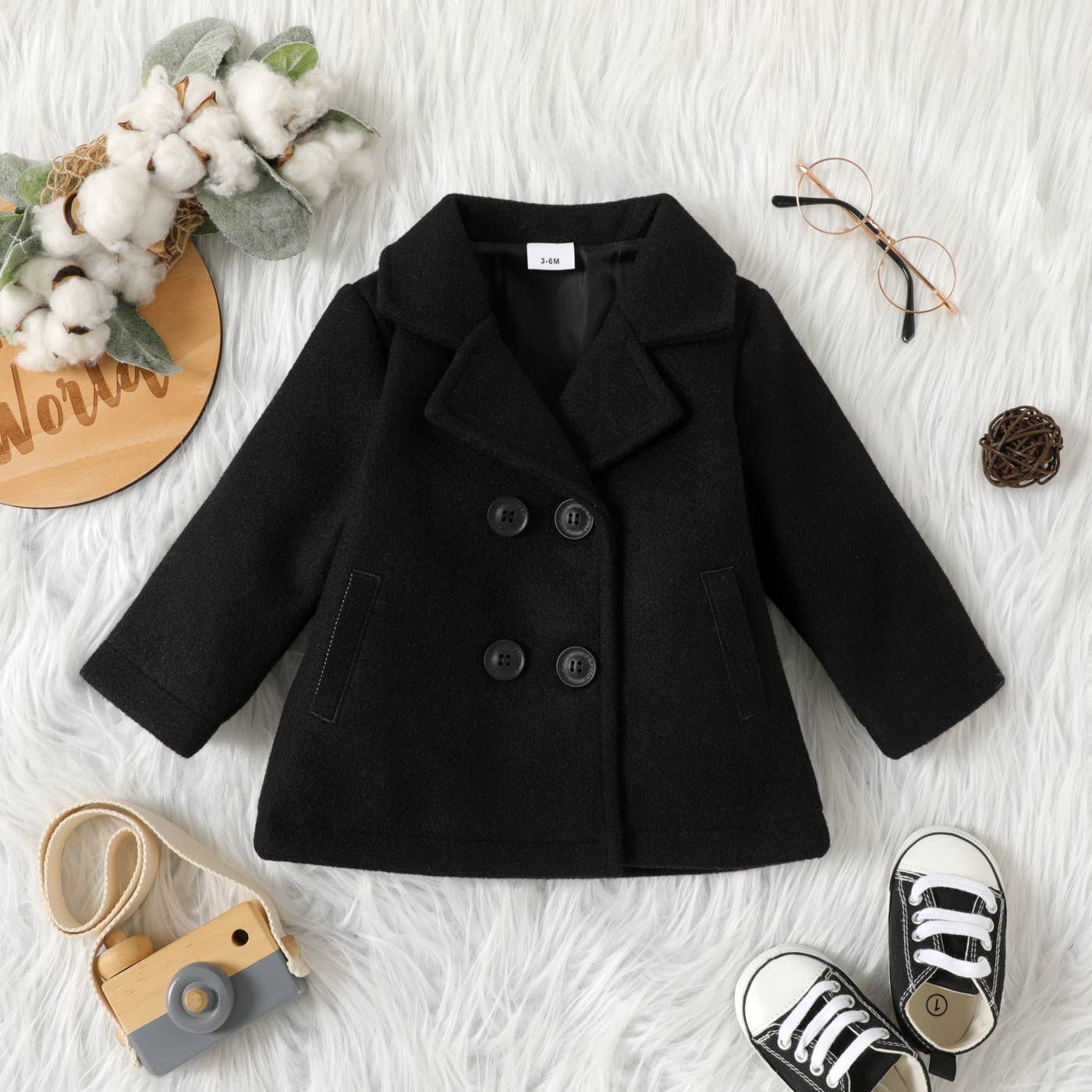 Kid Girl Lapel Collar Button Design Fuzzy Solid Coat