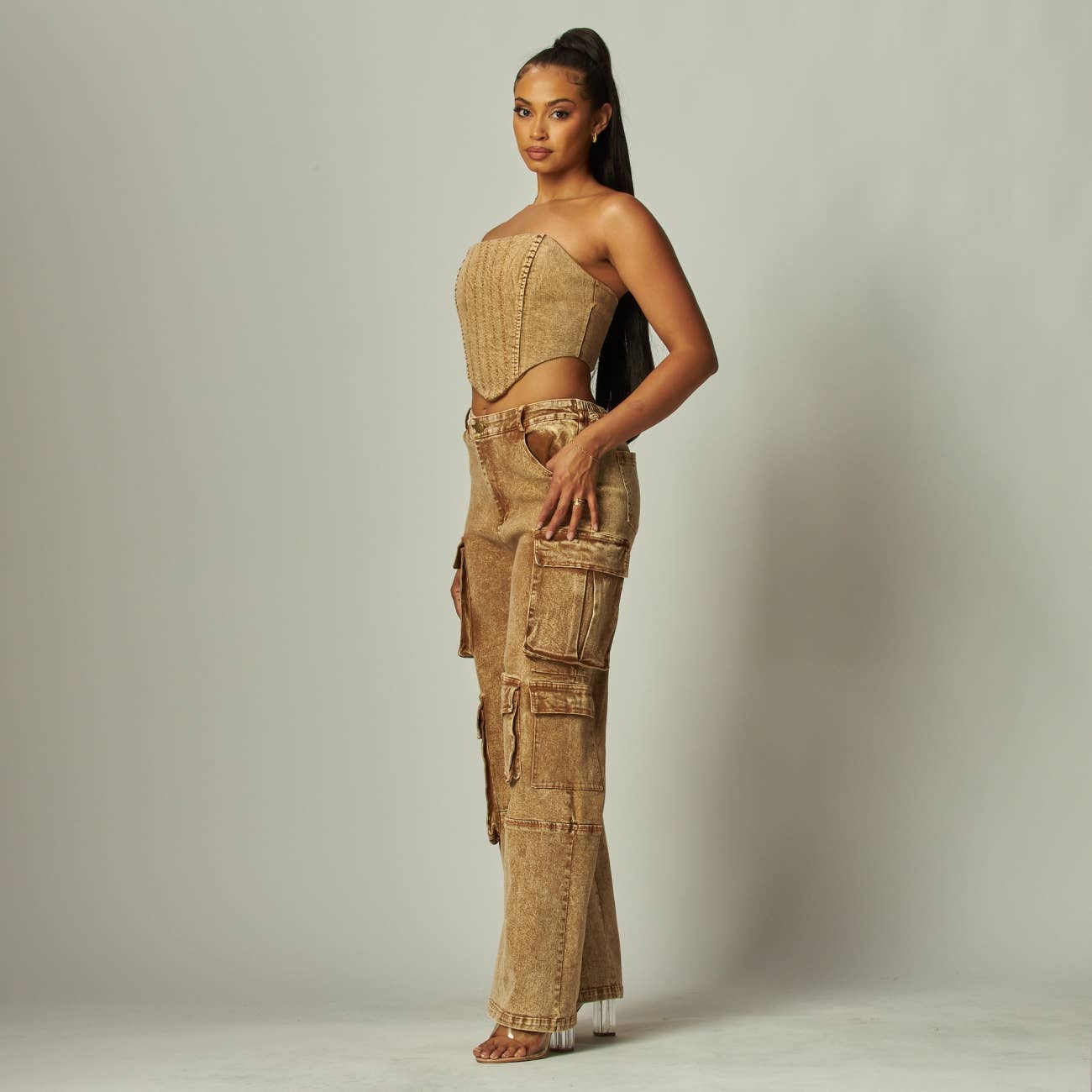 Miss 8 - Wholesale Top & Pant Set (NOT Loungewear) - Women's - Denim Cargo Strapless Top and Wide-Leg Pants Set1