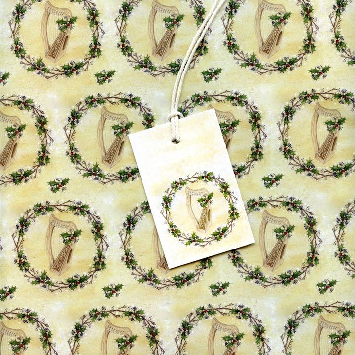Celtic Harp Christmas Gift Wrap and Tags for wholesale by Rie Designed