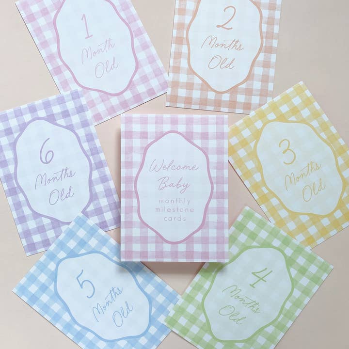 Watercolor Gingham Milestone Cards for wholesale by Gloster Road Co.