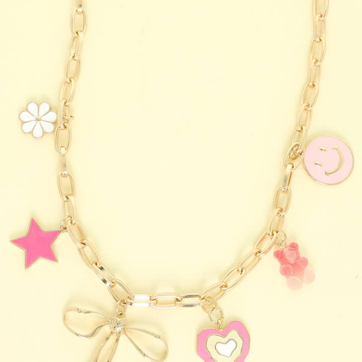SP Sophia Collection - Wholesale Pendant/Charm Necklace - Pink Theme Enamel Multi-Charm Necklace