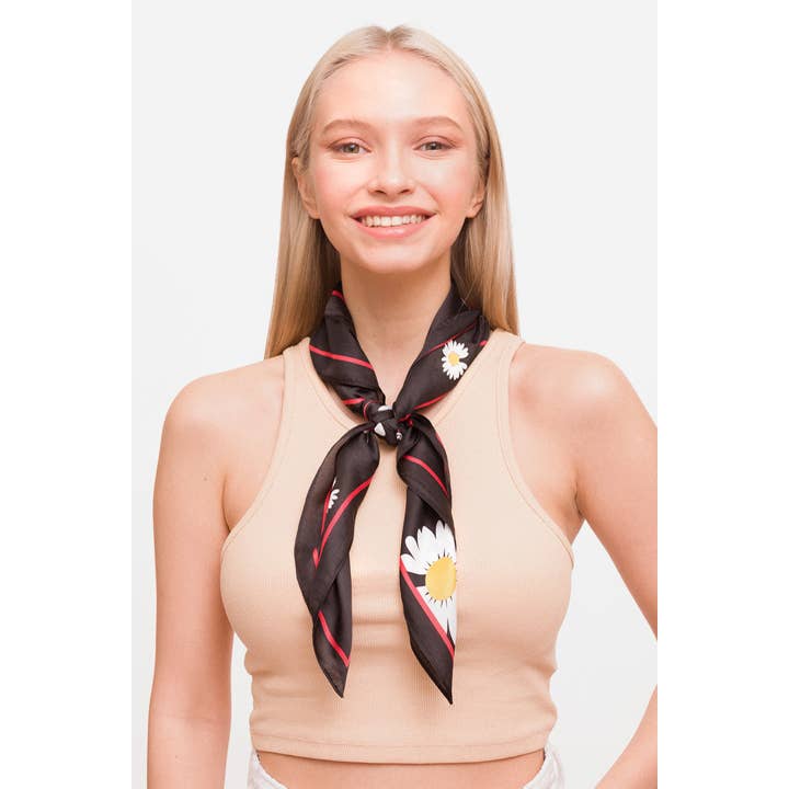 Hana - Wholesale Bandana - Women's - Floral Print with Square Outline Silky Bandana