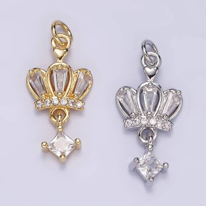 16K Gold Filled CZ Rhombus Baguette Drop Royal Crown Charm in Gold & Silver | M114 for wholesale by Aim Eternal