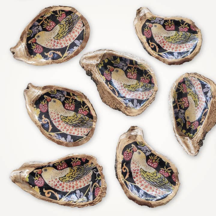 Beatrixbell Handcrafted - Wholesale Ornament - William Morris Strawberry Thief • Oyster Shell Ornament6