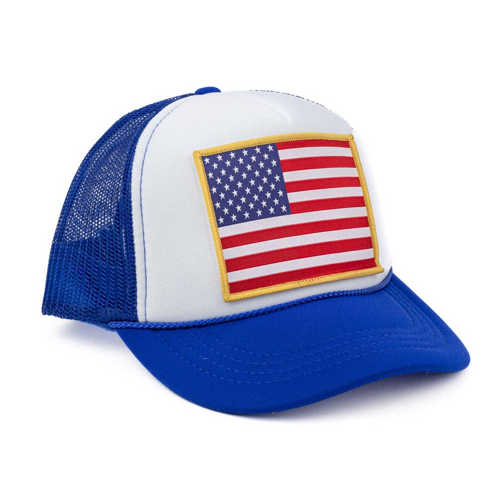 Royal White Kids American Flag Trucker Hat for wholesale on Faire1