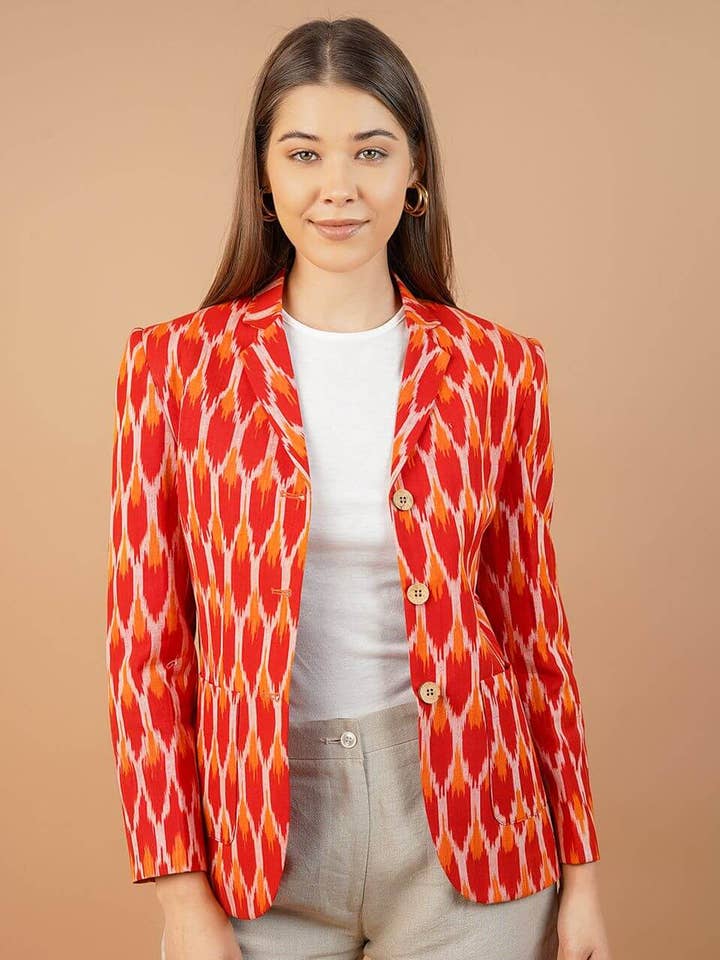 Ikat Cotton Red Blazer for wholesale by INDOPHILIA