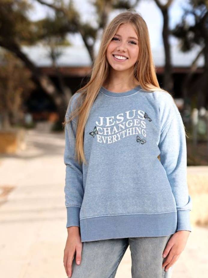 Jesus Changes Everything - Blue Jean Burnout Sweatshirt for wholesale by Jadelynn Brooke