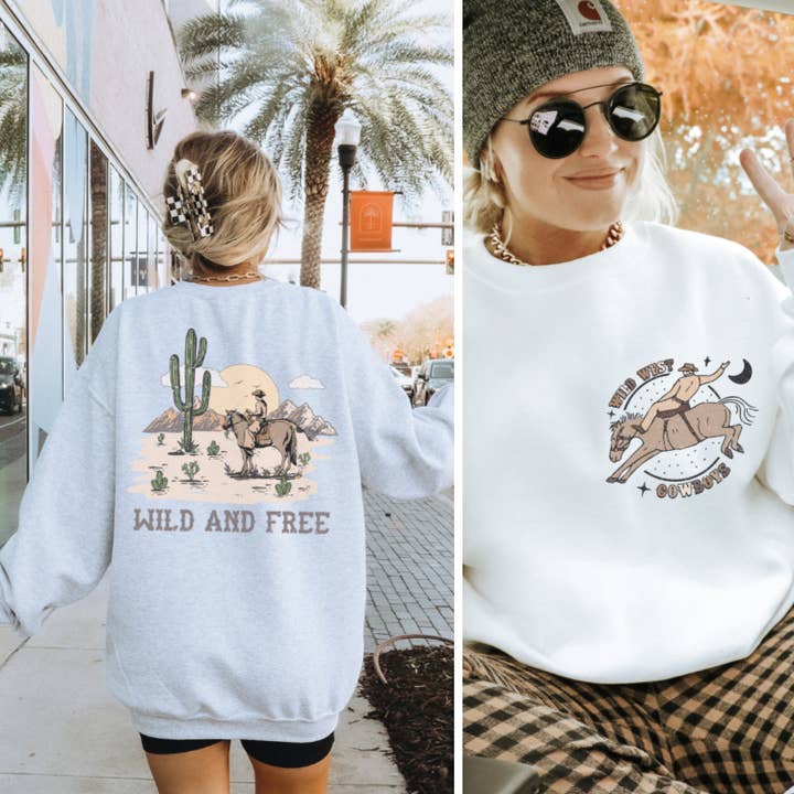Monday Muse - Wholesale Graphic Sweatshirt - Women's - Retro Wild West Cowboy Western Aesthetic Oversized Sweater
