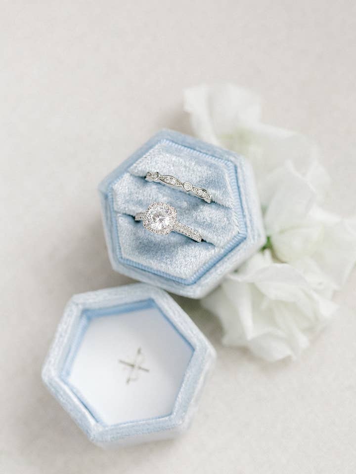 Dusty Blue Velvet Hexagon Ring Box for wholesale by Belle Box Boutique