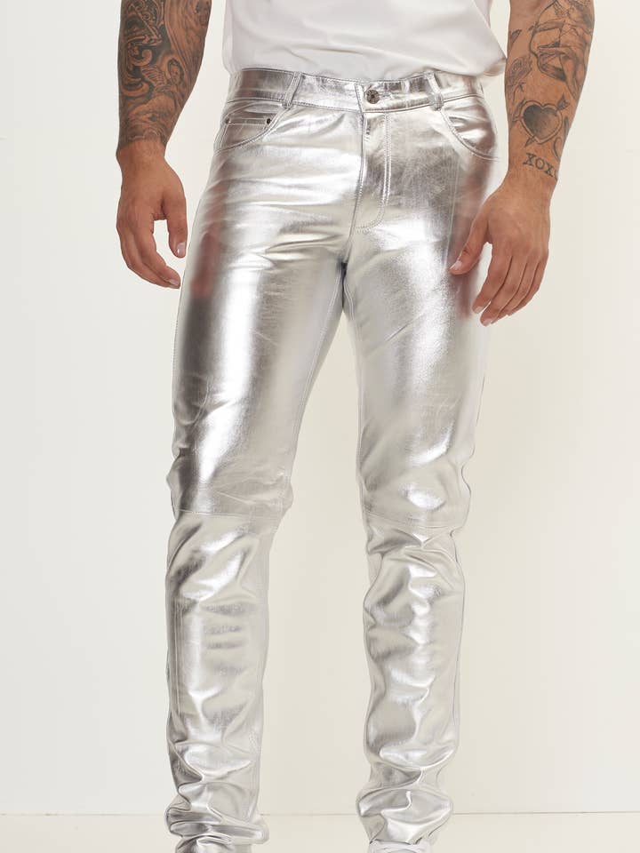 Men's Genuine Lambskin Leather Pants - Silver for wholesale on Faire