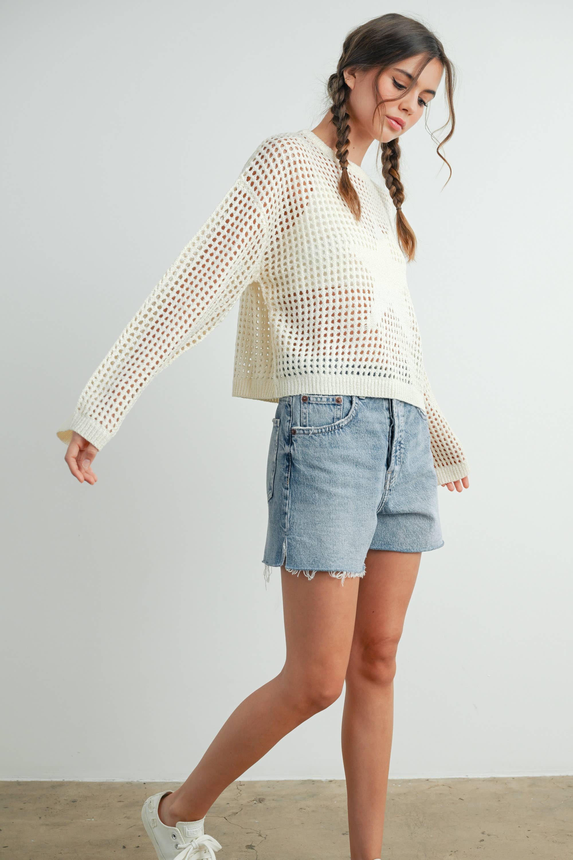 BUTTERMELON - Wholesale Knit Sweater - Women's - Crew Neck Crochet Sweater - BMW76330