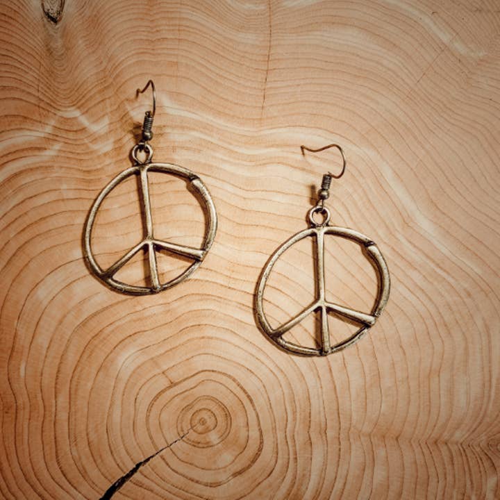 Red Shed Designs - Wholesale Dangle Earrings - Antique Bronze Metal Bohemian Peace Sign Earrings