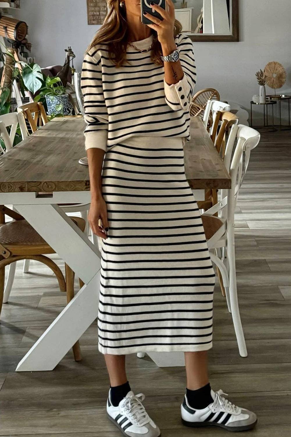 Black Stripe Ribbed Trim Button Cuff Long Sleeve Top Midi Skirt 2pcs Outfit for wholesale on Faire0