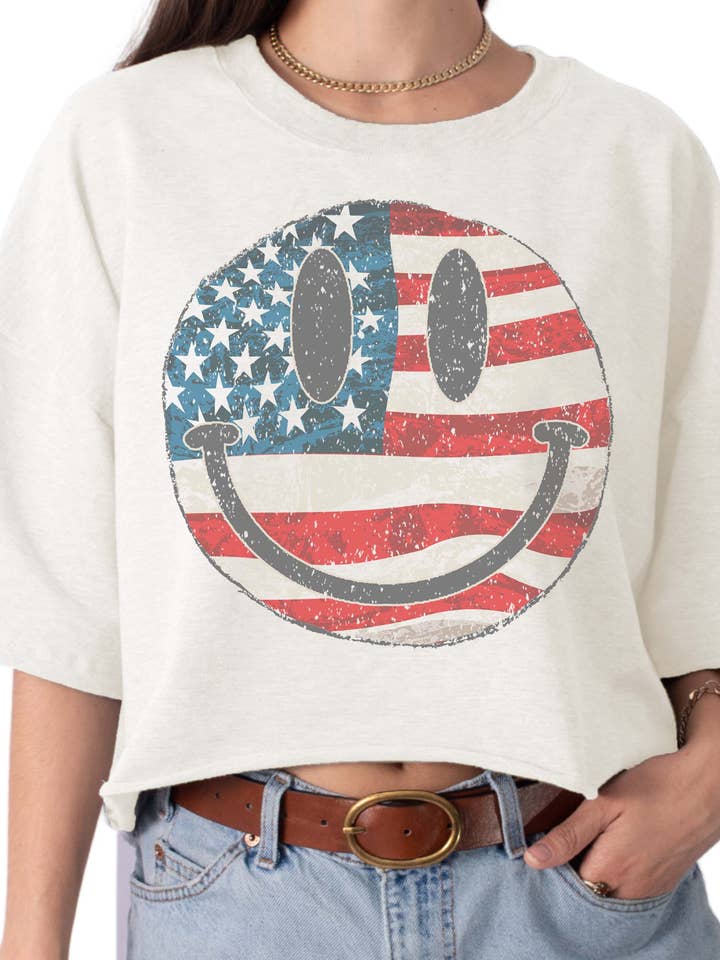 American Flag Smiley Face Cropped Graphic Tee for wholesale by Somewhere West