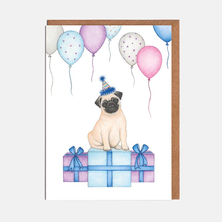Biglietto di compleanno per cani Pug Dog, vuoto per la vendita all'ingrosso da parte di Lottie Murphy