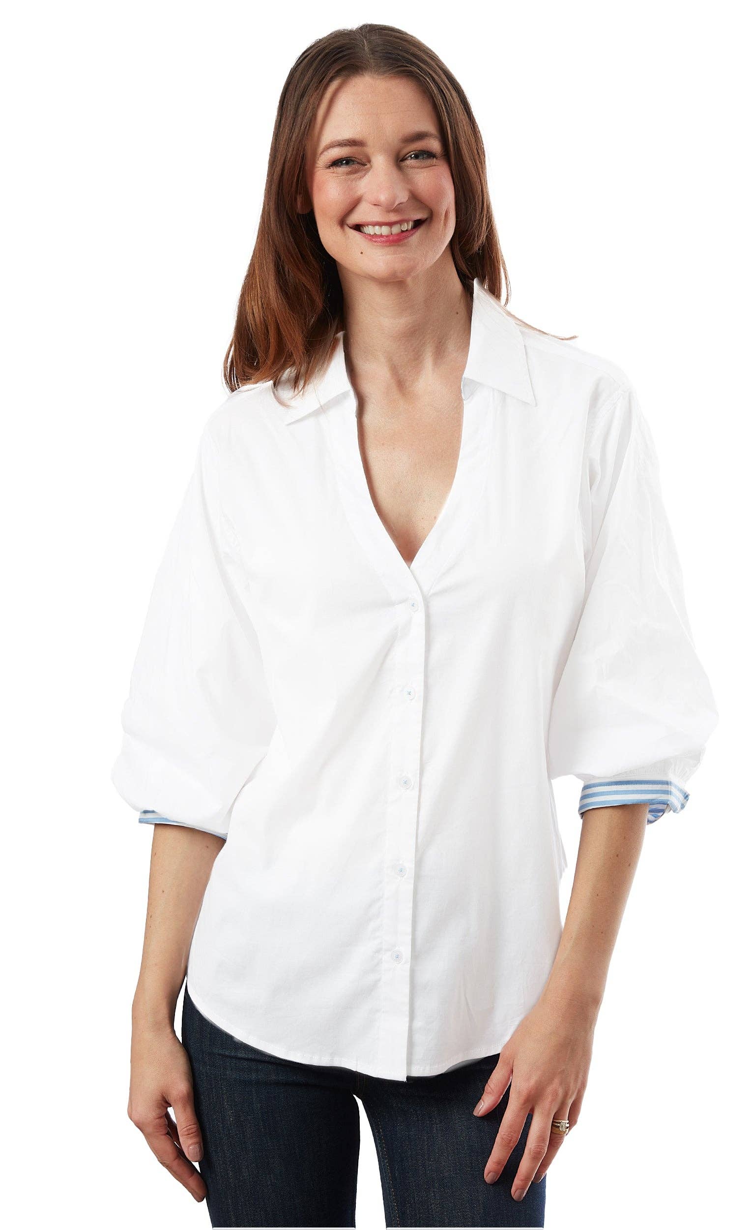 Dizzy-Lizzie - Wholesale Button Down Shirt - Women's - Puff Sleeve White - White1