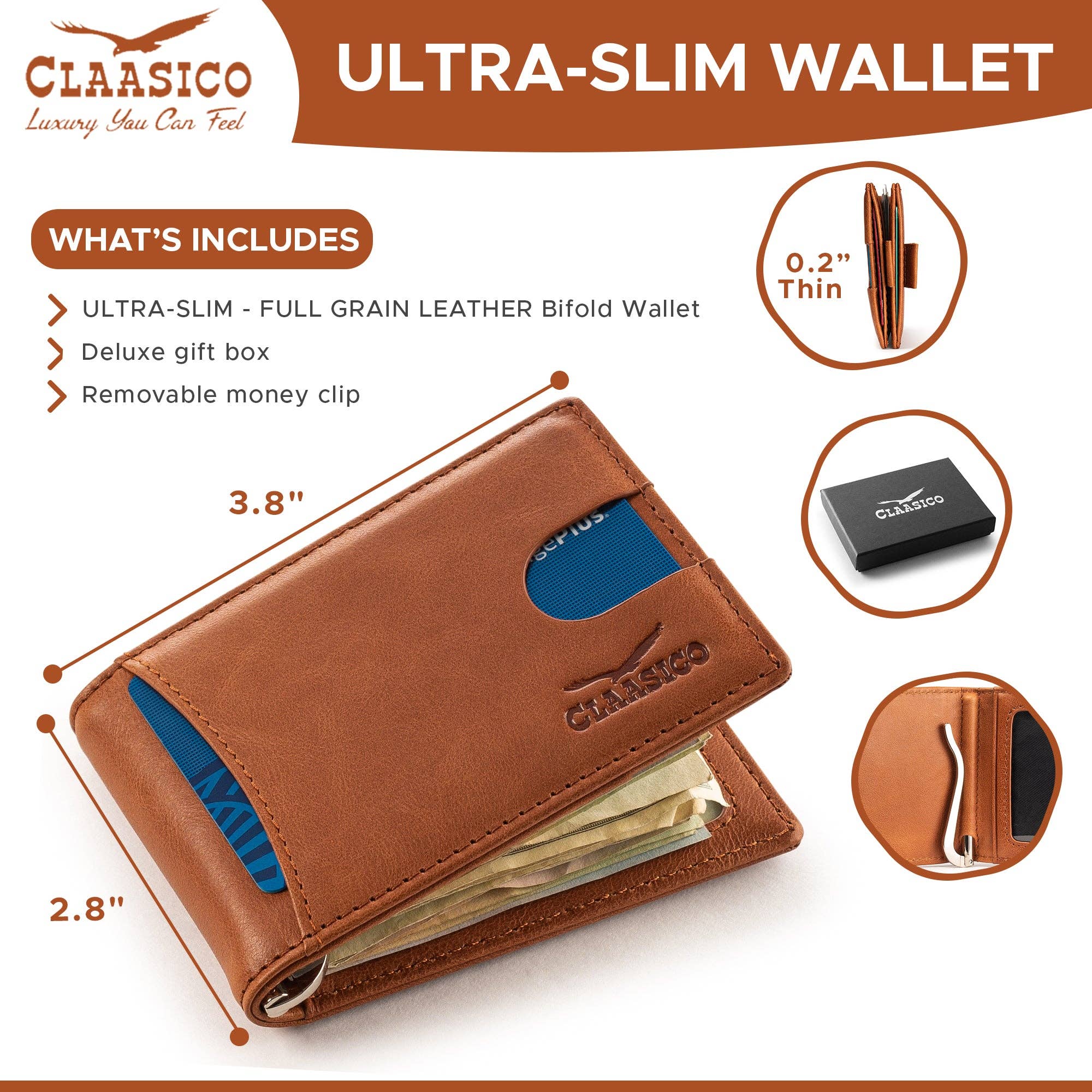 Claasico - Wholesale Wallet - Men's - Small bifold leather money clip wallet with pull strap16