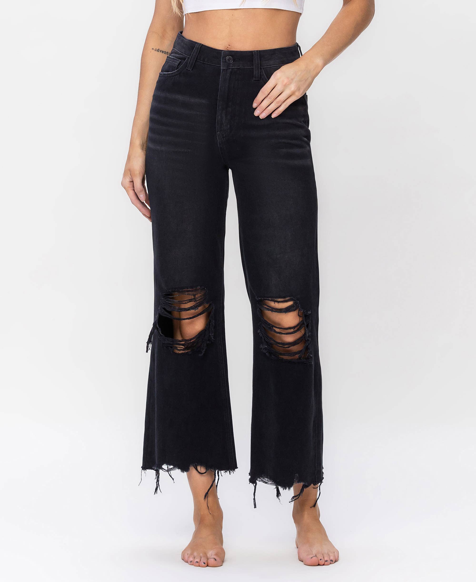 BLACK 90'S VINTAGE SUPER HIGH RISE CROP FLARE JEANS V2736BK for wholesale on Faire0
