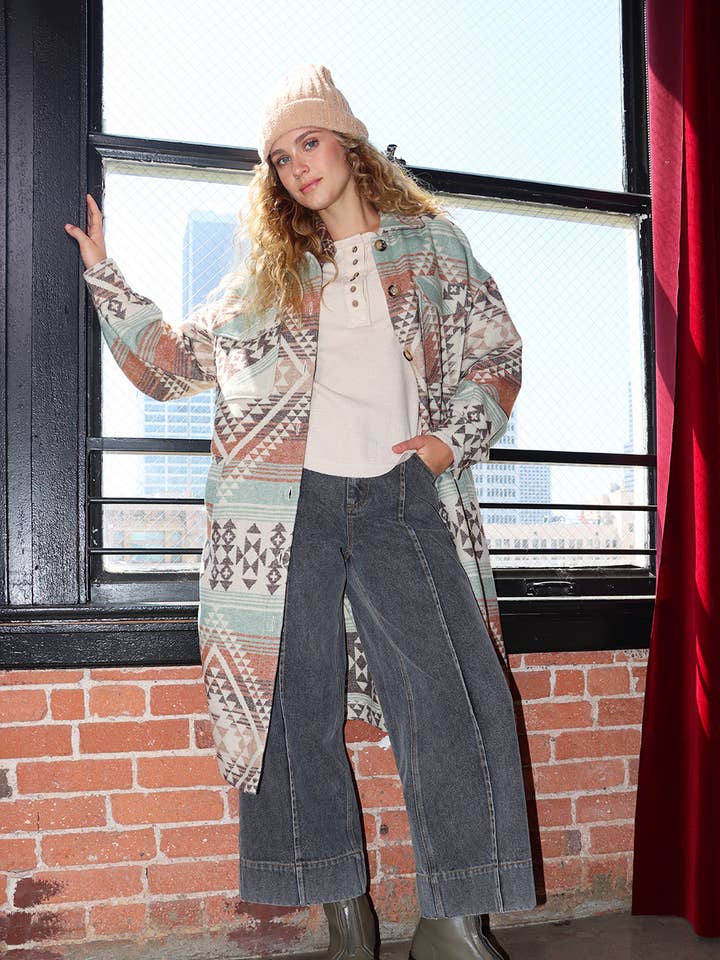 VERY J - Wholesale Shirt Jacket/Shacket - Women's - NJ90325-Aztec & Plaid Printed Shacket Jacket Coat