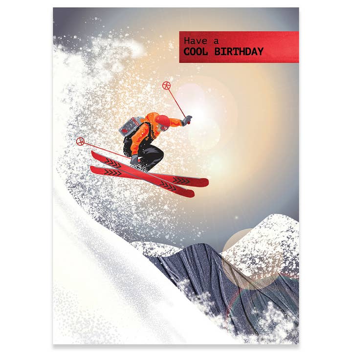 EXTREME SKIING BIRTHDAY GREETING CARD 4.5 x 6.25" for wholesale by Calypso Cards LLC