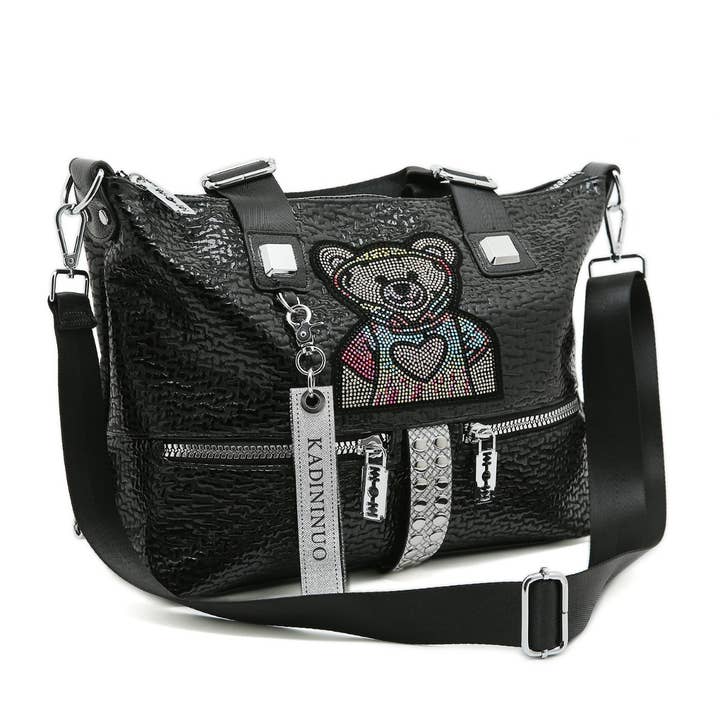 PEACH ACCESSORIES - Wholesale Shoulder Bag - Women's - Chic Hobo Bag with Rhinestone Teddy Bear in Black 8074