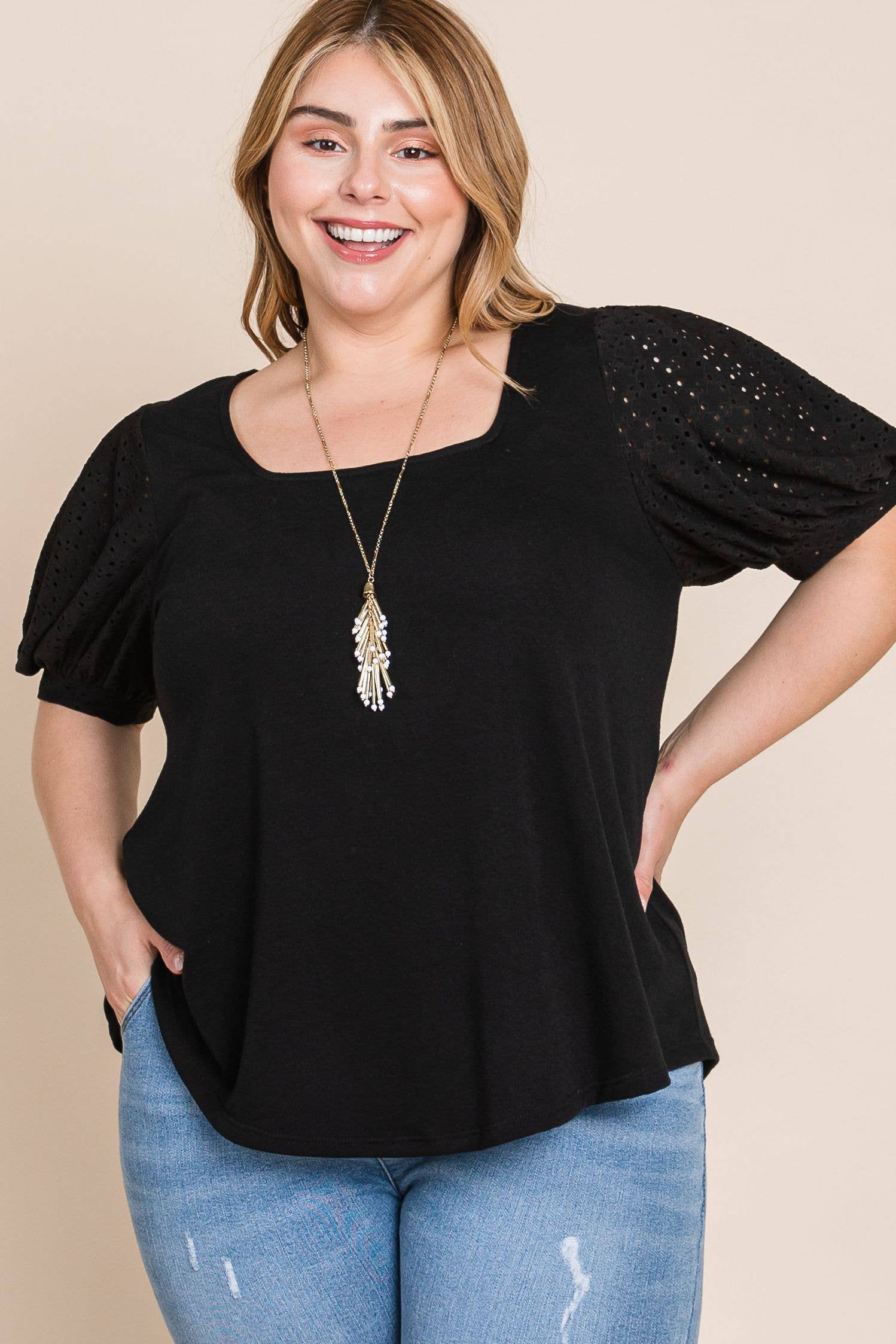 Sort ETK-8820-PL Plus Størrelse Øje Boble ærmer Solid Strik Top for engroshandel på Faire5