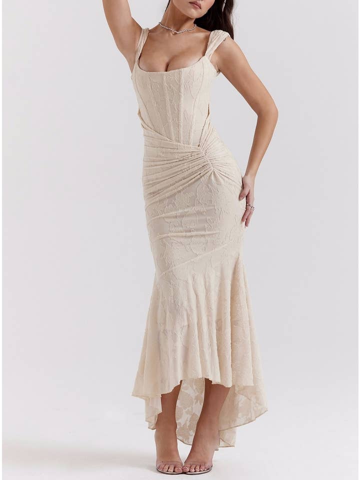 Rosa Clothing - Wholesale Dress - Women's - Ruffled lace slip floral jacquard maxi mermaid dress19