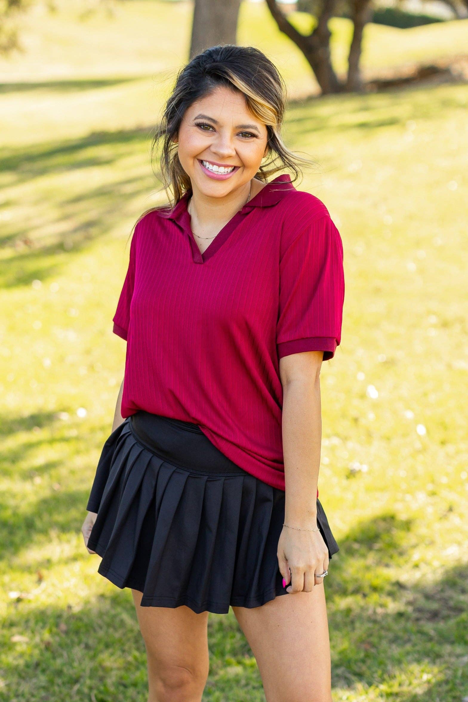 Red Rib Knit Polo Top, Maroon for wholesale on Faire6