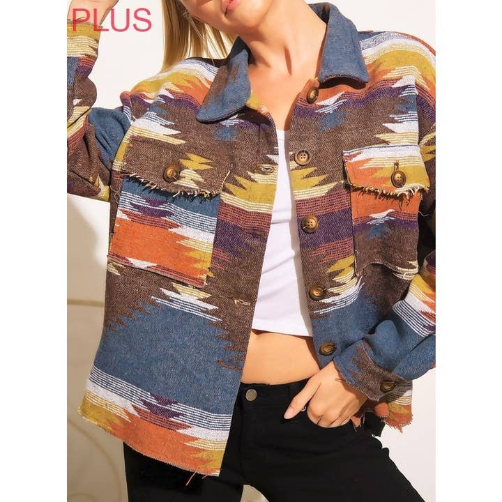 Coloring You – Engroshandel Skjortejakke/shacket – til kvinder – TRIBAL AZTEC MØNSTER KNAP NED SHACKET12