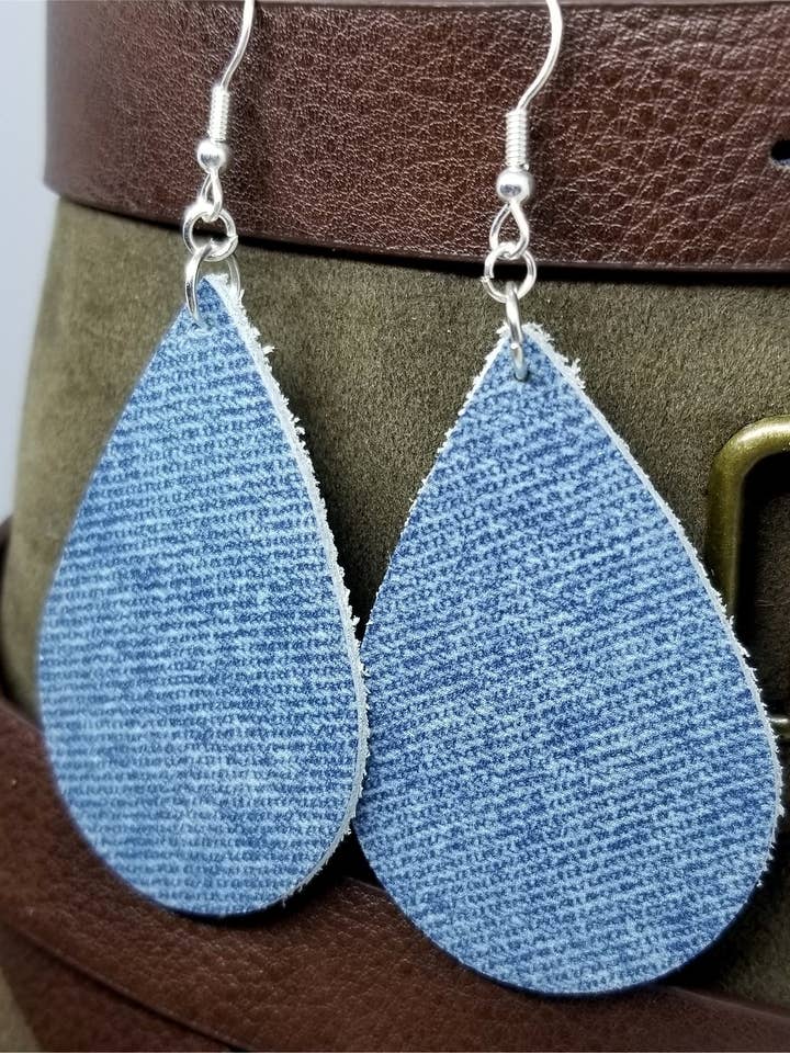 Denim Finish Tear Drop Shaped Real Leather Earrings for wholesale by Simply Raevyn