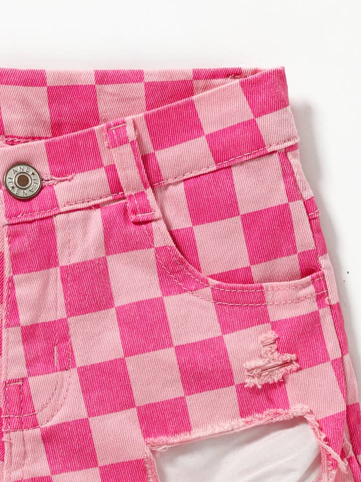 sassy kids palace – Großhandel Shorts – Kinder – Rosa karierte Jeansshorts für Mädchen1