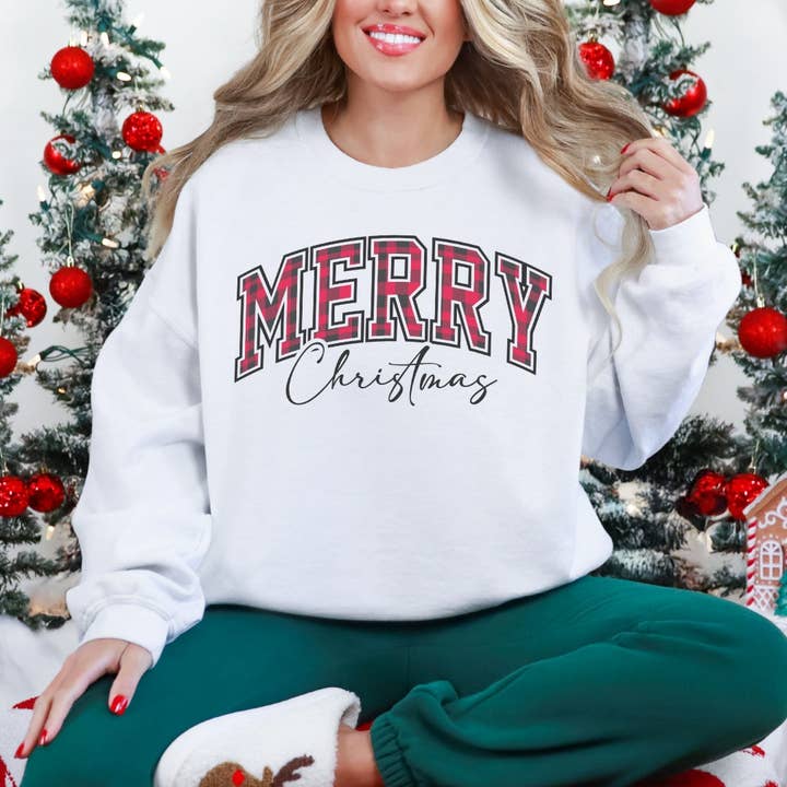 Merry Christmas Buffalo geruite sweater voor wholesale door Pecan Creek Designs