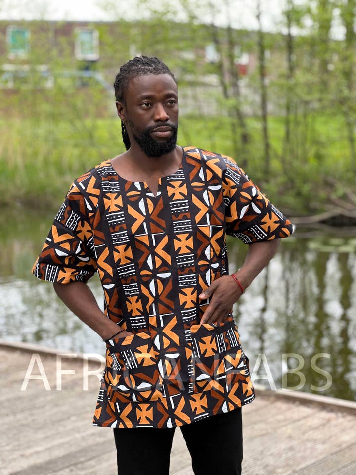 Chemise Dashiki Bogolan Marron / Robe Dashiki - Haut imprimé africain - Unisexe pour la vente par AfricanFabs