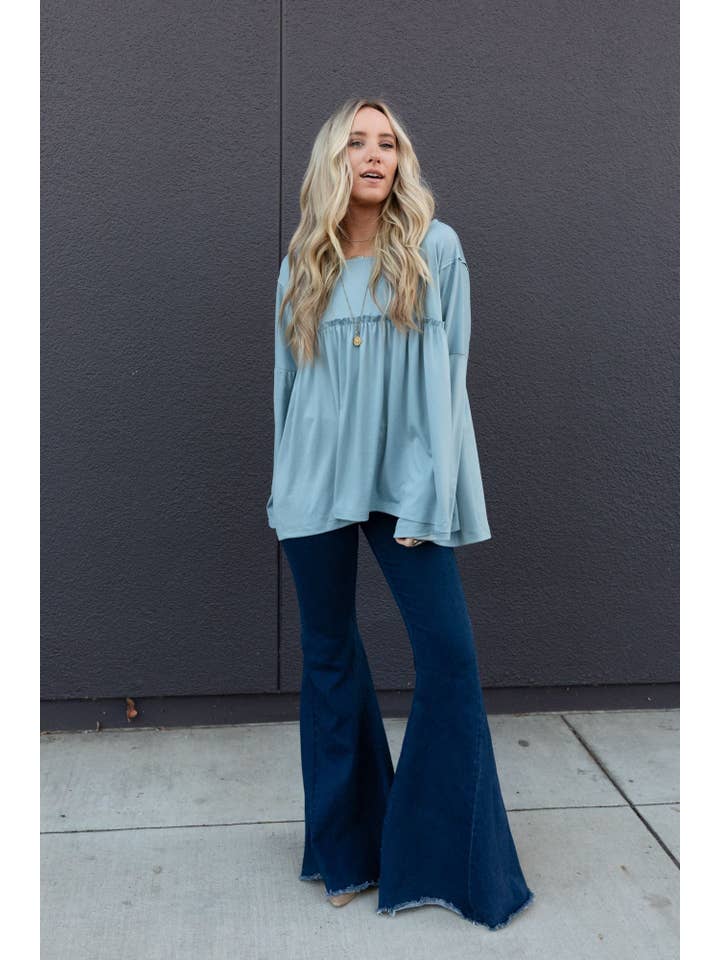 Three Bird Nest - Wholesale Tunic - Women's - Solid Serenity Long Sleeve Babydoll Top - Slate