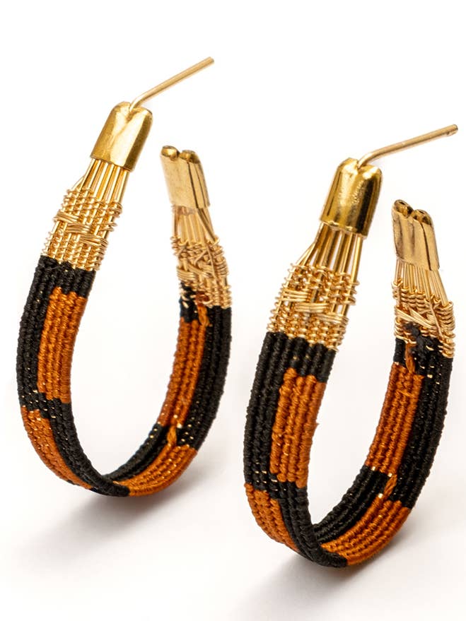 Handwoven Wire and Cord Zoka Hoop Earrings (Brown/Black) for wholesale by Mayana Designs Co