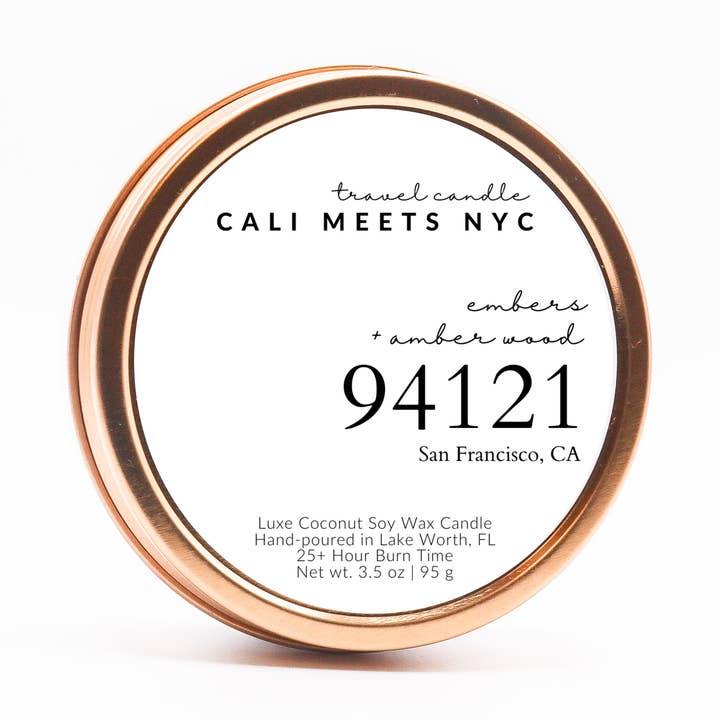 94121, Embers + Amber Wood Coconut Soy Candle Tin for wholesale by Cali Meets NYC