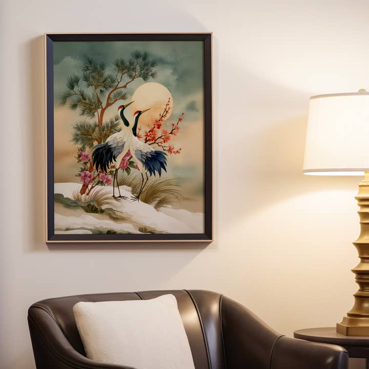 IuliiaArtPrints – wholesale Art print – Winter Red-Crowned Cranes, Japanese Snow Landscape Art Print2