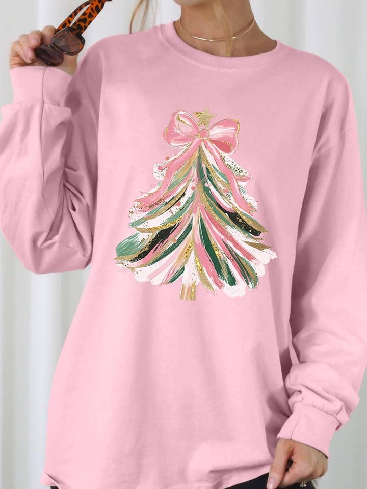 Faux Glitter Pink Bow Christmas Tree Long Sleeve T for wholesale by COLORBEAR