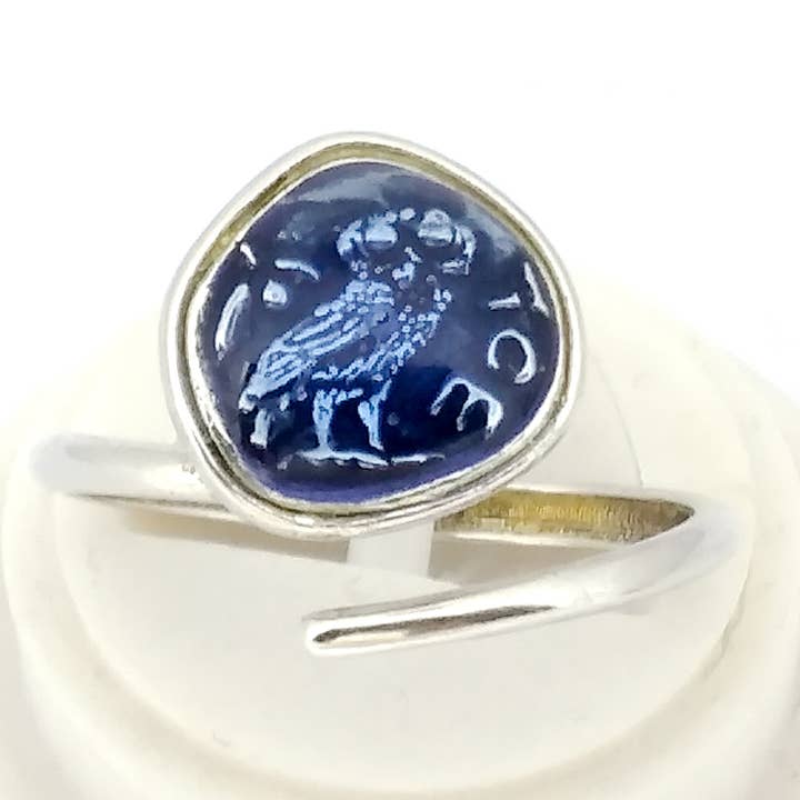 Anel ajustável de moeda coruja com esmalte azul em prata 925 por atacado de RAFAEL SANTAROSA