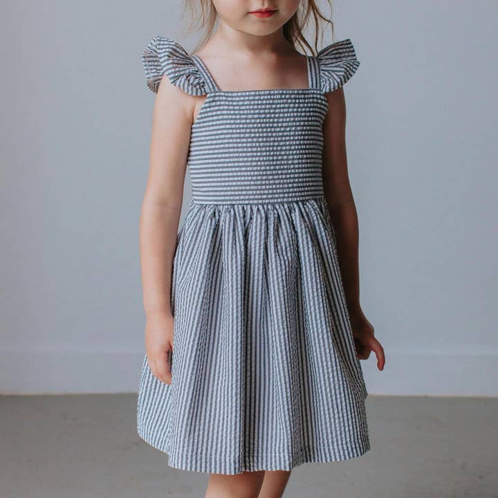 Girl’s Gray Flutter Sleeve Seersucker Dress for wholesale by cuteheads